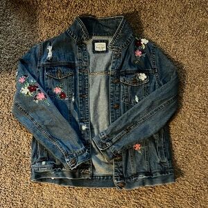 Adorable flower embroidered denim jacket